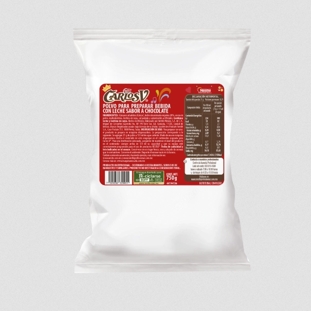 Bolsa de polvo para preparar bebida con leche sabor a chocolate Carlos V de 750 g para máquinas Nescafé